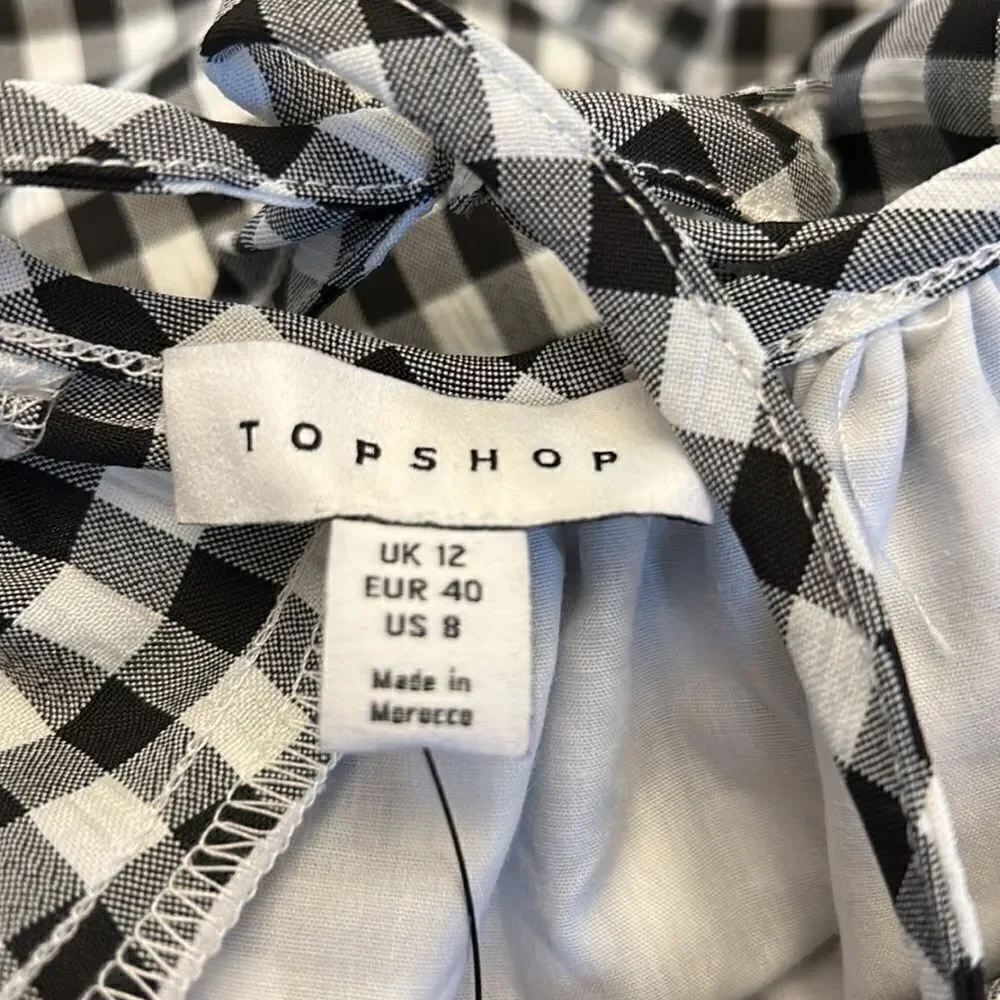Topshop black white gingham puff sleeve cut out back blouse Size 8 NWOT - Picture 8 of 9